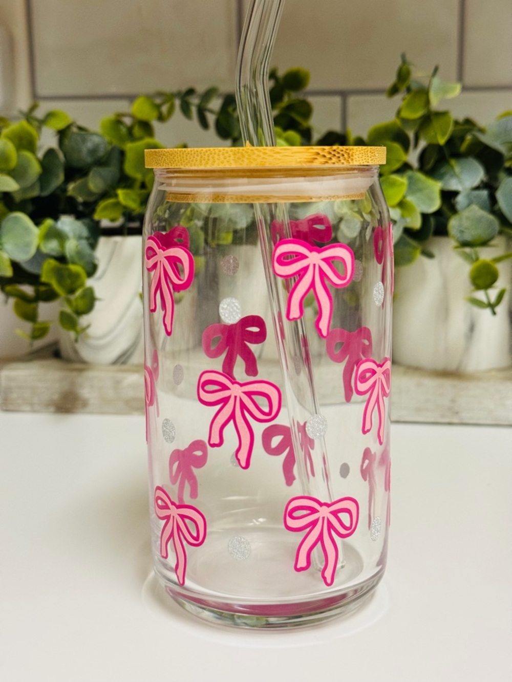 Pink Bow Glass Tumbler with Bamboo Lid